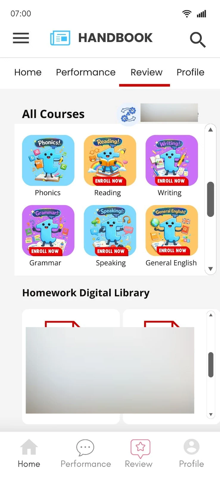 Handbook app interface showing courses and a digital homework library