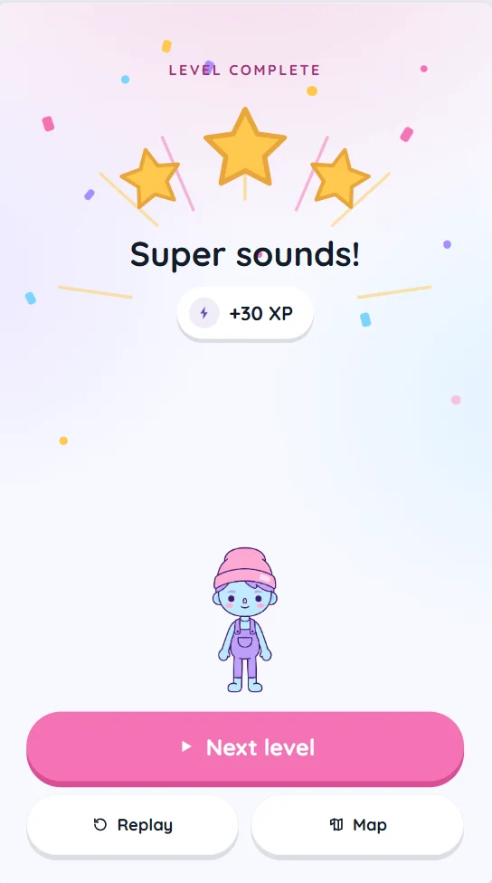 Phonigame level completion and rewards screen