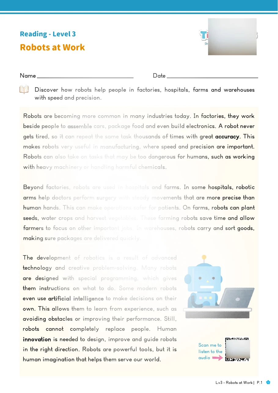 Robots at Work reading worksheet