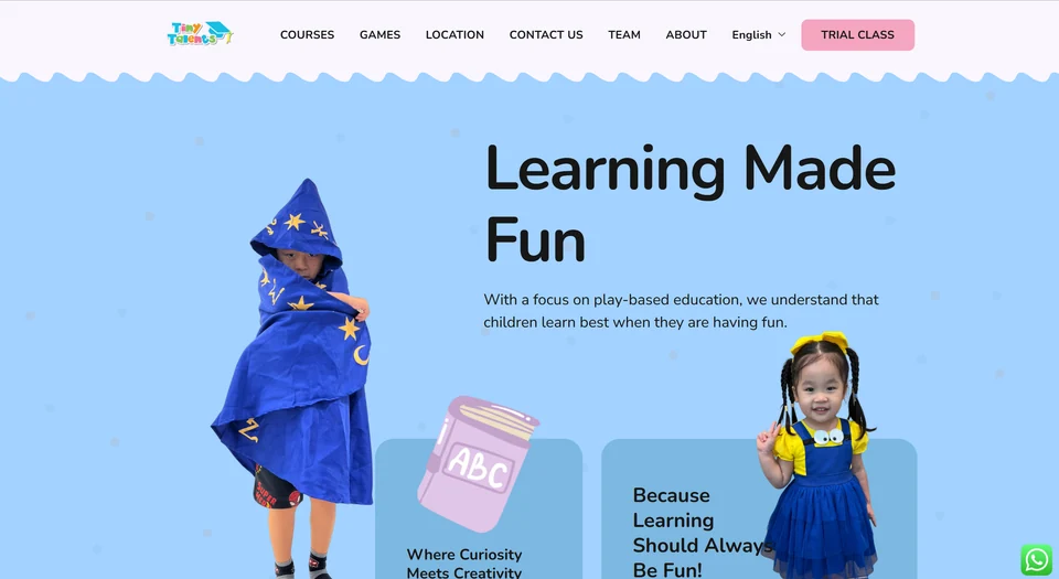 Tiny Talents website homepage showing its play-based learning design